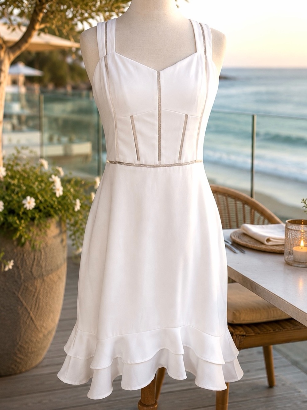 NEW Marciano White Corset Detail Dress Sleeveless Fitted Ruffle Hem